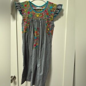 Embroidered Midi Dress in Black Gingham with Multicolor Floral Yoke